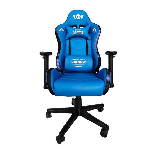 Cromad Serie Raptor Legendary Silla Gaming - Altura Regulable Con Piston De Gas Clase 2 - Reclinable Hasta 180º - Cojines Lumbar Y Cervical - Ruedas De Nailon De 60Mm - Iluminación Rgb - Color Azul