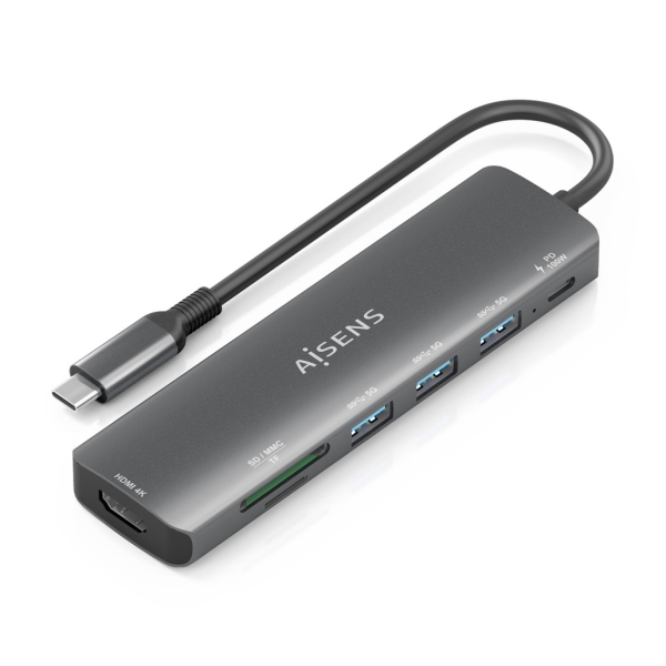 Aisens Usb-C Dock 7 En 1 - Usb-C A 1Xhdmi - 3Xusb-A - 1Xusb-C 100W - 1Xsd - 1Xmicrosd - 15Cm - Color Gris