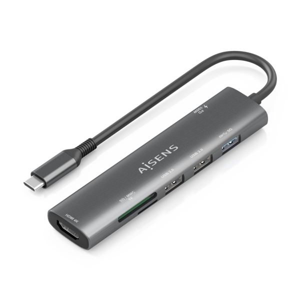 Aisens Usb-C Dock 7 En 1 - Usb-C A 1Xhdmi - 2Xusb-A 2.0 - 1Xusb-A 3.0 - 1Xusb-C 100W - 1Xsd - 1Xmicrosd - 15Cm - Color Gris