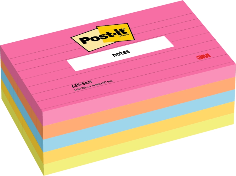 Post-It Pack De 5 Blocs De 100 Notas Adhesivas Reposicionables - Con Lineas - 76X127Mm - 100% Pefc - Colores Surtidos