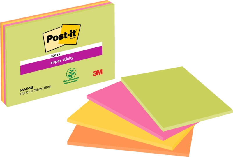Post-It Super Sticky Pack De 4 Blocs De 45 Notas Adhesivas Reposicionables - Forma Rectangular - 152X203Mm - Colores Surtidos