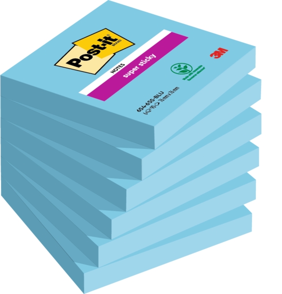 Post-It Super Sticky Pack De 6 Blocs De 90 Notas Adhesivas Reposicionables - Forma Cuadrada - 76X76Mm - Color Azul