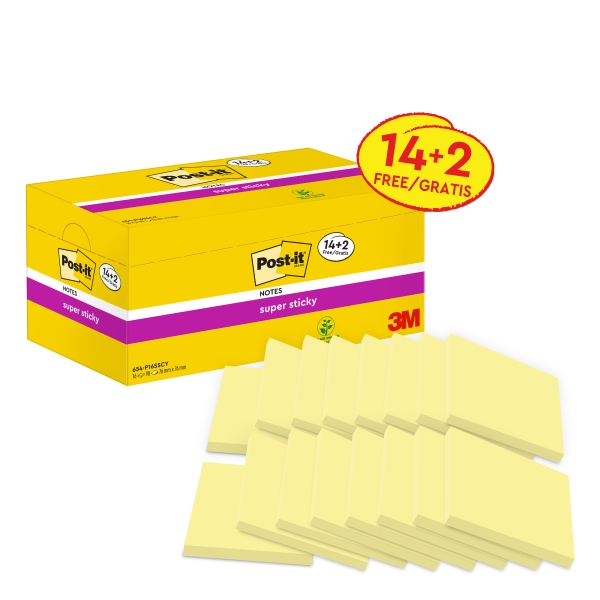 Post-It Super Sticky Pack De 16 Blocs De 90 Notas Adhesivas Reposicionables - Forma Cuadrada - 76X76Mm - Color Amarillo Claro
