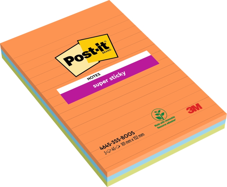 Post-It Super Sticky Pack De 3 Blocs De 45 Notas Adhesivas Reposicionables - Forma Rectangular - 101X152Mm - Colores Surtidos