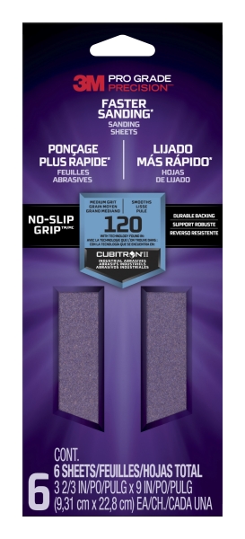 3M Pro Grade Precision Faster Pack De 6 Hojas De Lijado - Grano 120 Mediano - 9.31X22.8Cm - Rendimiento Superior - Reduccion De Fatiga - Color Morado