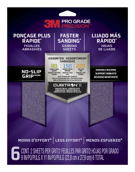 3M Pro Grade Precision Faster Pack De 6 Hojas De Lijado - Lijas De Granos Surtidas - 22.8X27.9Cm - Rendimiento Superior - Reduccion De Fatiga - Color Morado