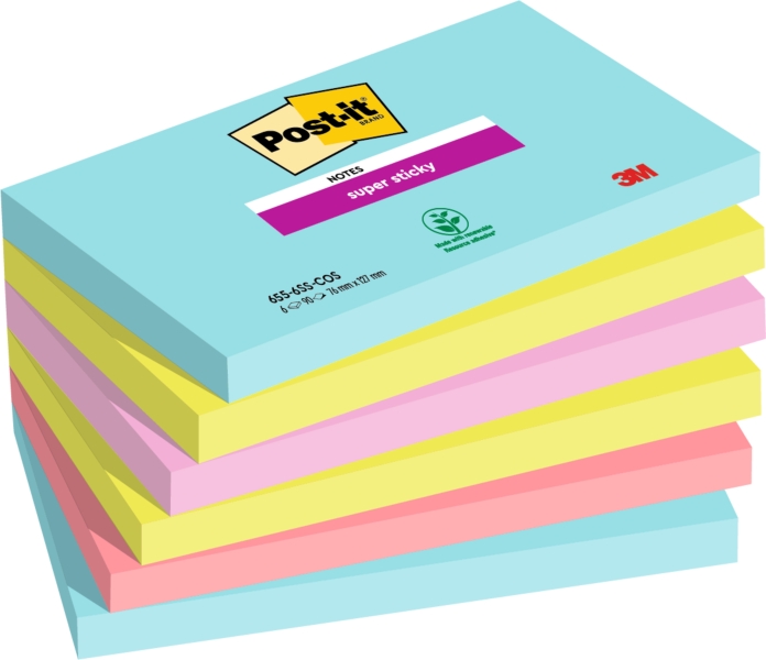 Post-It Super Sticky Pack De 6 Blocs De 90 Notas Adhesivas Reposicionables - Forma Rectangular - Colores Surtidos