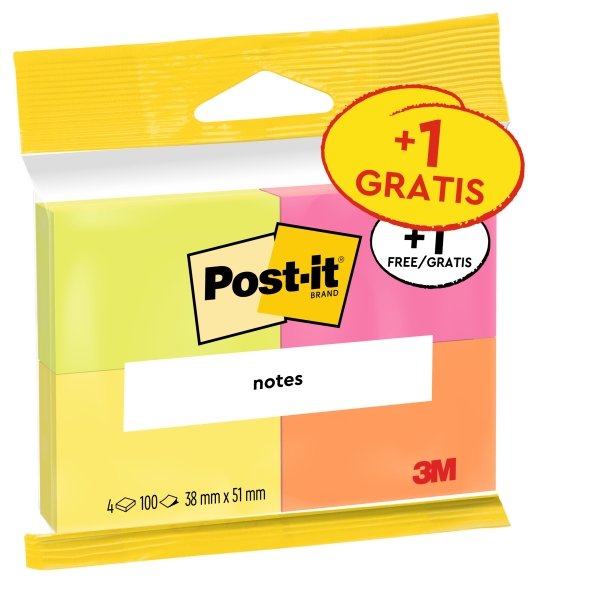 Post-It Pack De 4 Blocs De 100 Notas Adhesivas Reposicionables - Colores Neon - 38X51Mm - Promocion 3 Blocs + 1 Gratis - Colores Surtidos