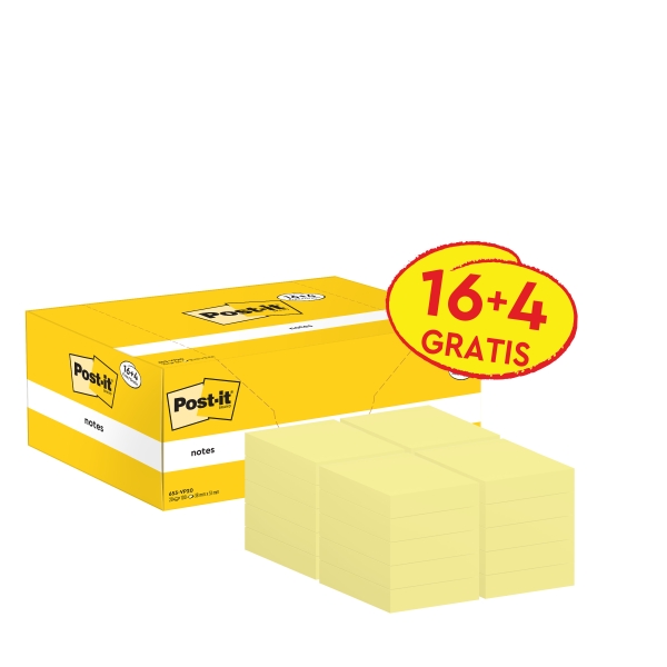 Post-It Pack De 20 Blocs De 100 Notas Adhesivas Reposicionables - Forma Rectangular - 38X51Mm - Color Amarillo Claro