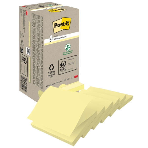 Post-It Pack De 16 Blocs De 100 Z-Notas Adhesivas Recicladas - Forma Cuadrada - 76X76Mm - Color Amarillo Claro