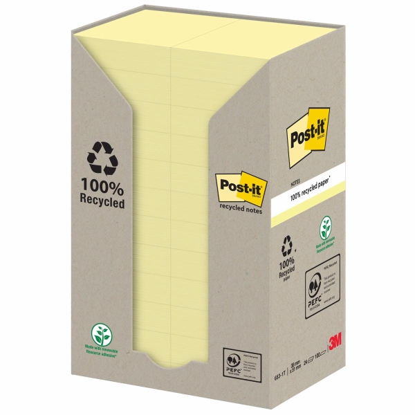 Post-It Pack De 24 Blocs De 100 Notas Adhesivas Recicladas - Forma Rectangular - 51X38Mm - Color Amarillo Claro