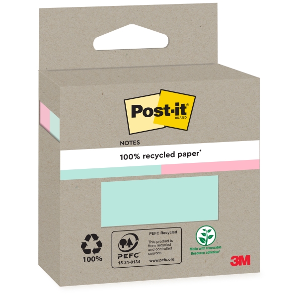 Post-It Pack De 2 Blocs De 100 Notas Adhesivas Recicladas - Forma Cuadrada - Colores Surtidos