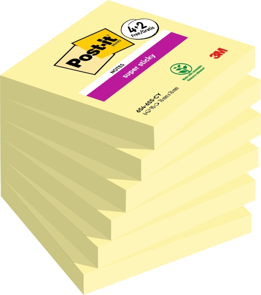 Post-It Super Sticky Pack De 6 Blocs De 90 Notas Adhesivas Reposicionables - 76X76Mm - Promocion 4 Blocs + 2 Gratis - Color Amarillo Claro