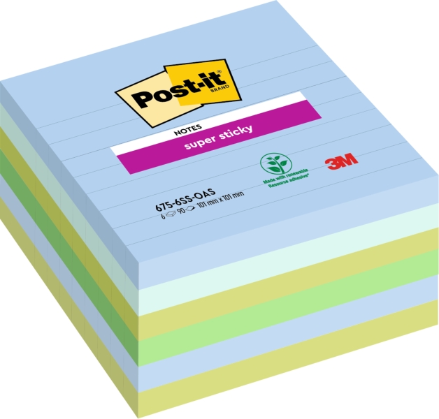 Post-It Super Sticky Pack De 6 Blocs De 90 Notas Adhesivas Reposicionables - Forma Cuadrada - 101X101Mm - Colores Surtidos