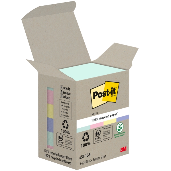 Post-It Pack De 6 Blocs De 100 Notas Adhesivas Recicladas - Forma Rectangular - 51X51Mm - Colores Surtidos