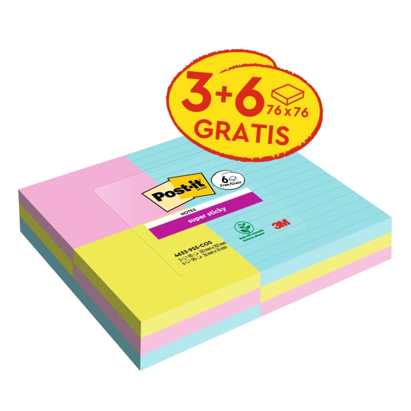 Post-It Super Sticky Pack De 9 Blocs De 90 Notas Adhesivas Reposicionables Coleccion Cosmic - 3 Blocs Con Lineas + 6 Estandar - Colores Surtidos