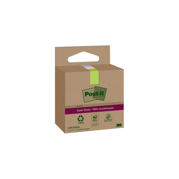 Post-It Super Sticky Pack De 3 Blocs De 70 Notas Adhesivas Recicladas - Forma Cuadrada - 47.6X47.6Mm - Colores Surtidos
