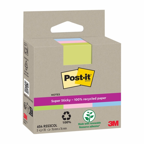 Post-It Super Sticky Pack De 3 Blocs De 70 Notas Adhesivas Recicladas - Forma Cuadrada - 76X76Mm - Colores Surtidos