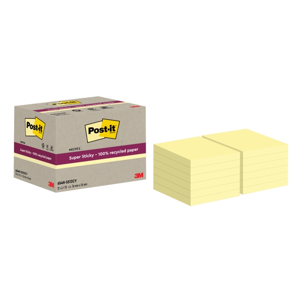 Post-It Super Sticky Pack De 12 Blocs De 70 Notas Adhesivas Recicladas - Forma Cuadrada - 76X76Mm - Color Amarillo Claro
