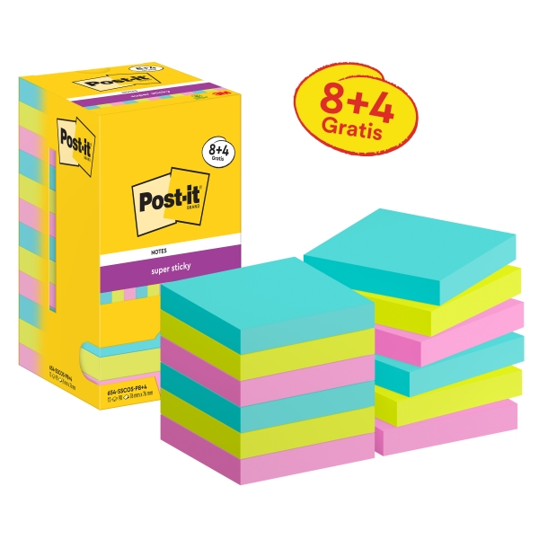 Post-It Super Sticky Pack De 12 Blocs De 90 Notas Adhesivas Reposicionables - Forma Cuadrada - 76X76Mm - Colores Surtidos
