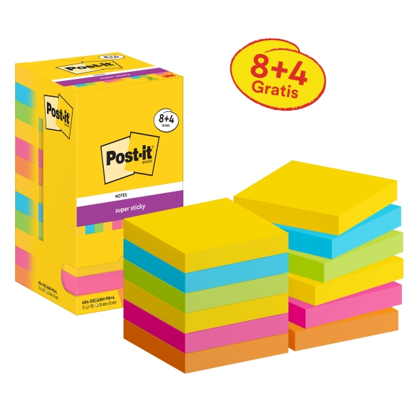 Post-It Super Sticky Pack De 12 Blocs De 90 Notas Adhesivas Reposicionables - Forma Cuadrada - 76X76Mm - Colores Surtidos