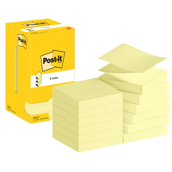 Post-It Pack De 12 Blocs De 100 Z-Notas Adhesivas Reposicionables - Forma Cuadrada - 76X76Mm - Color Amarillo Claro