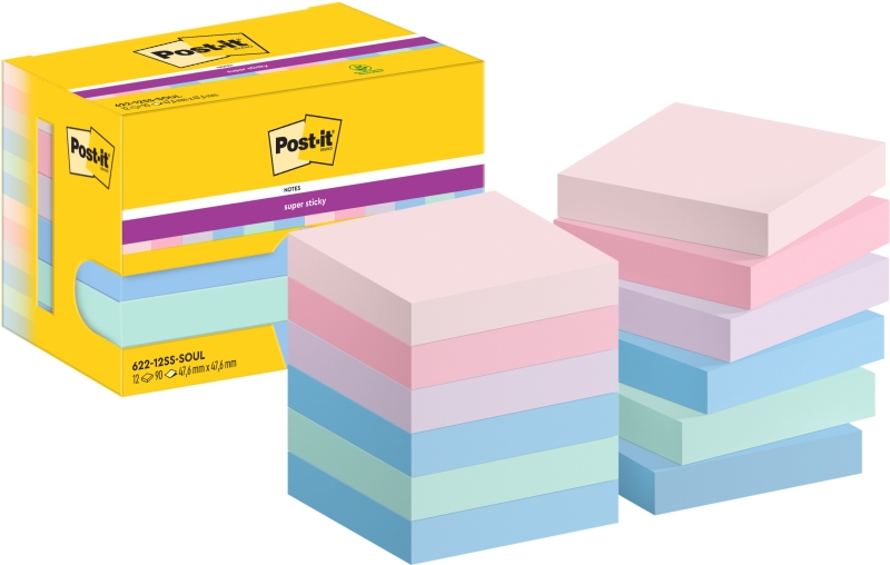 Post-It Super Sticky Pack De 12 Blocs De 90 Notas Adhesivas Reposicionables - Forma Cuadrada - 47.6X47.6Mm - Colores Surtidos