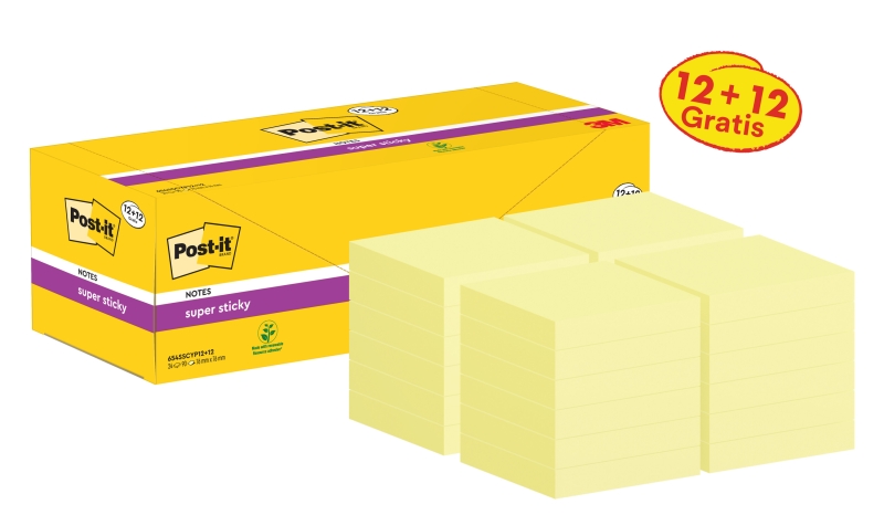 Post-It Super Sticky Pack De 24 Blocs De 90 Notas Adhesivas Reposicionables - 76X76Mm - Promocion 12 Blocs + 12 Gratis - Color Amarillo Claro
