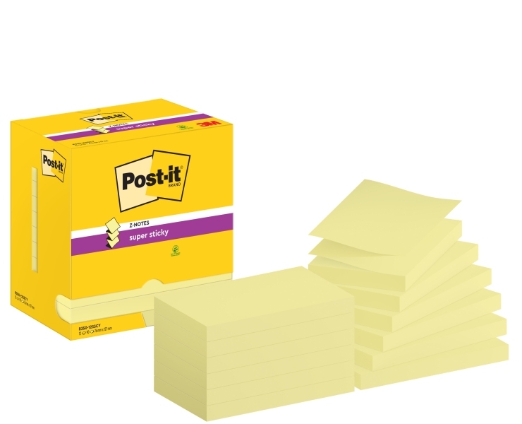 Post-It Super Sticky Pack De 12 Blocs De 90 Notas Adhesivas Reposicionables - Forma Rectangular - 76X127Mm - En Zig-Zag - Color Amarillo Claro