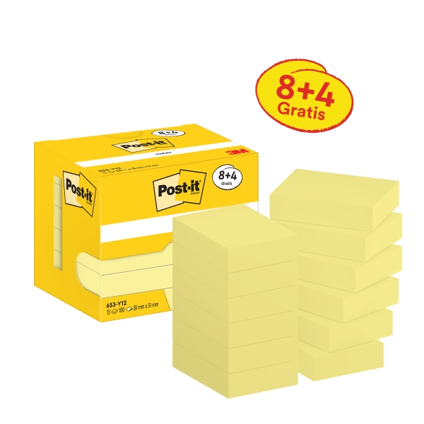 Post-It Pack De 12 Blocs De 100 Notas Adhesivas Reposicionables - Forma Rectangular - 38X51Mm - Color Amarillo Claro