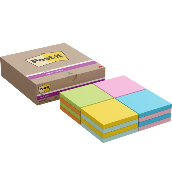 Post-It Super Sticky Pack De 16 Blocs De 90 Notas Adhesivas Reposicionables - 76X76Mm - Colores Surtidos