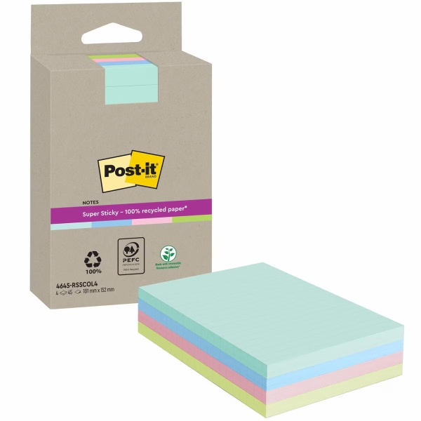 Post-It Super Sticky Super Sticky Pack De 4 Blocs De 45 Notas Adhesivas Recicladas - Forma Rectangular - 102X152Mm - Colores Surtidos