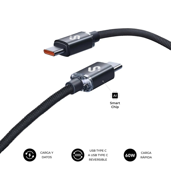 Subblim Cable Optimus Usb-C - 60W - Nylon Trenzado - 480Mbps - 1 Metro - Color Negro