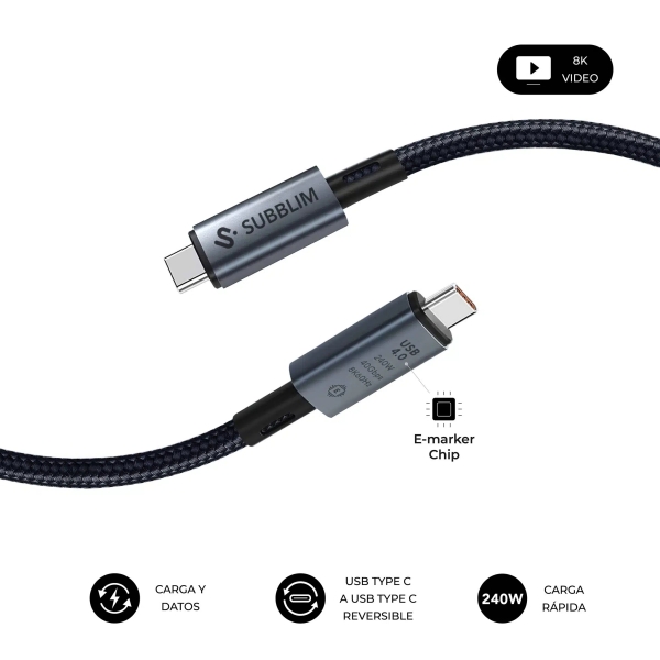 Subblim Cable High Usb-C - 240W - Nylon Trenzado - 40Gbps - Chip E-Marker - 1.5 Metros - Color Negro