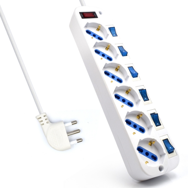 Ewent Regleta Con 6 Tomas Tipo L/F (Schuko) De 10/16A - Interruptor De Encendido General E Individual - Proteccion Contra Sobretension Y Sobrecorriente - Enchufe Italiano Plano En Angulo - Cable De 1.5M - Color Blanco