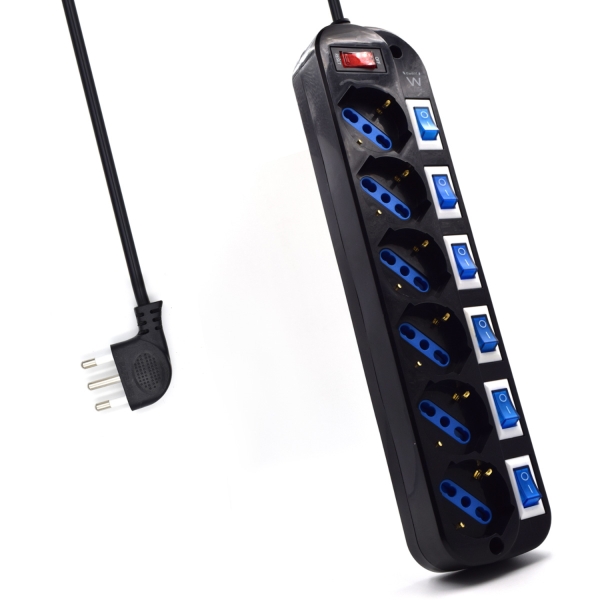 Ewent Regleta Con 6 Tomas Tipo L/F (Schuko) De 10/16A - Interruptor On/Off General E Individual - Proteccion Contra Sobretensiones - Proteccion Infantil - Enchufe Italiano Plano En Angulo - Cable De 1.5M - Color Negro