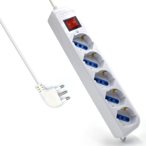 Ewent Regleta Con 6 Tomas Tipo L/F (Schuko) De 10/16A - Interruptor De Encendido - Proteccion Contra Sobretensiones - Proteccion Infantil - Enchufe Italiano Plano En Angulo - Cable De 1.5M - Color Blanco