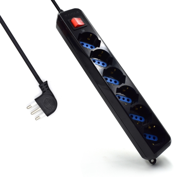 Ewent Regleta Con 6 Tomas Tipo L/F (Schuko) De 10/16A - Interruptor On/Off - Proteccion Contra Sobretensiones - Proteccion Infantil - Enchufe Italiano Plano En Angulo - Cable De 1.5M - Color Negro