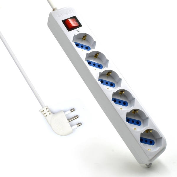 Ewent Regleta Con 6 Tomas Tipo L/F (Schuko) De 10/16A - Interruptor On/Off - Proteccion Contra Sobretensiones - Enchufe Italiano Plano En Angulo - Proteccion Infantil - Cablo De 5M - Color Blanco