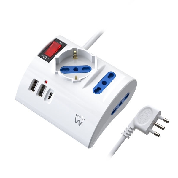Ewent Regleta Con 6 Tomas De Sobremesa - 2 Tomas L + 1 Toma L/F (Schuko) - 2X Usb-A - 1X Usb-C - Enchufe Italiano Plano En Angulo - Interruptor On/Off - Cable De 1.5M - Color Blanco