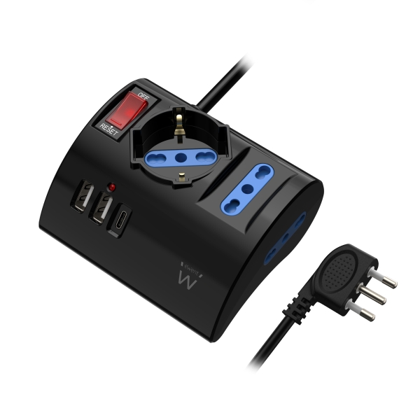 Ewent Regleta Con 6 Tomas De Sobremesa - 2 Tomas L + 1 Toma L/F (Schuko) - 2X Usb-A - 1X Usb-C - Enchufe Italiano Plano En Angulo - Interruptor On/Off - Cable De 1.5M - Color Negro