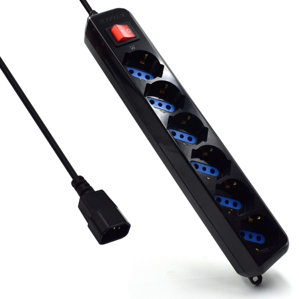 Ewent Regleta Con 6 Tomas Tipo L/F (Schuko) Para Sai - Proteccion Contra Sobretension - Proteccion Infantil - Interruptor On/Off - Enchufe Vde - Cable De 1.5M - Color Negro