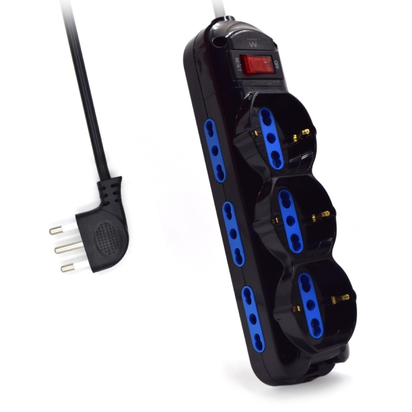 Ewent Regleta Con 9 Tomas - 6 Tomas L + 3 Tomas L/F (Schuko) - Interruptor On/Off - Enchufe Italiano Plano En Angulo - Cable De 1.5M - Color Negro
