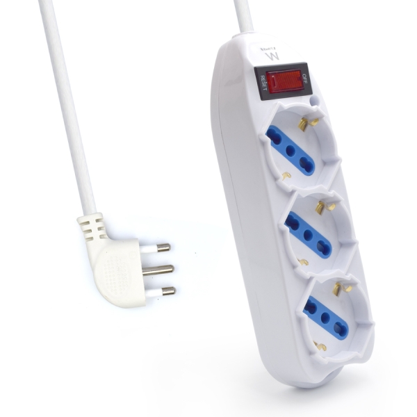 Ewent Regleta Con 3 Tomas Tipo L/F (Schuko) De 10/16A - Interruptor On/Off - Enchufe Italiano Plano En Angulo - Cable De 1.5M - Color Blanco