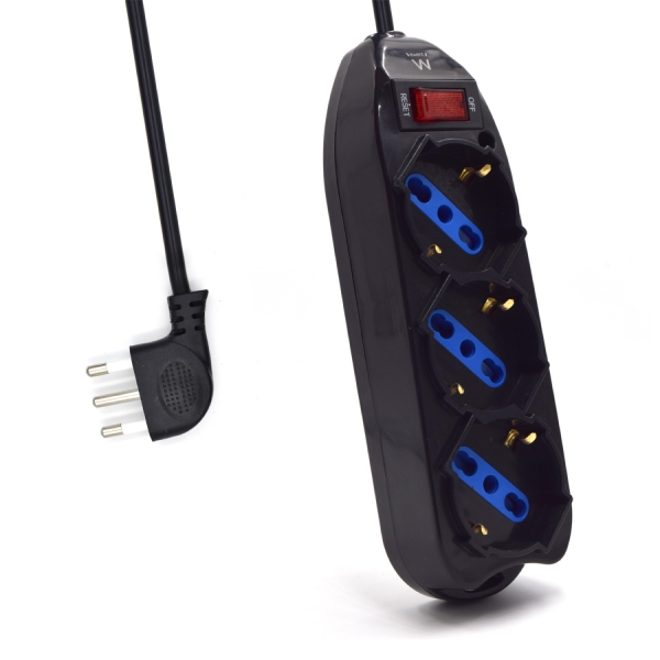 Ewent Regleta Con 3 Tomas Tipo L/F (Schuko) De 10/16A - Interruptor On/Off - Enchufe Italiano Plano En Angulo - Cable De 1.5M - Color Negro