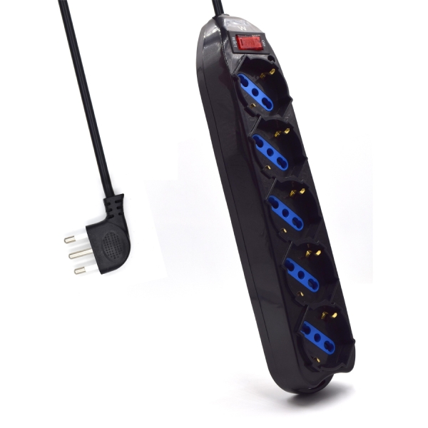 Ewent Regleta Con 5 Tomas Tipo L/F (Schuko) De 10/16A - Interruptor On/Off - Enchufe Italiano Plano En Angulo - Cable De 1.5M - Color Negro