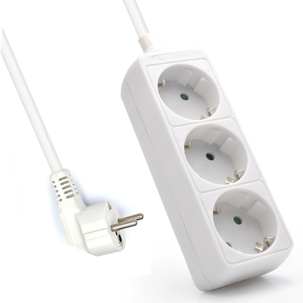 Ewent Regleta De 3 Tomas Schuko 16A - Proteccion Infantil - Cable De 1.5M - Enchufe Schuko Plano En Angulo - Color Blanco
