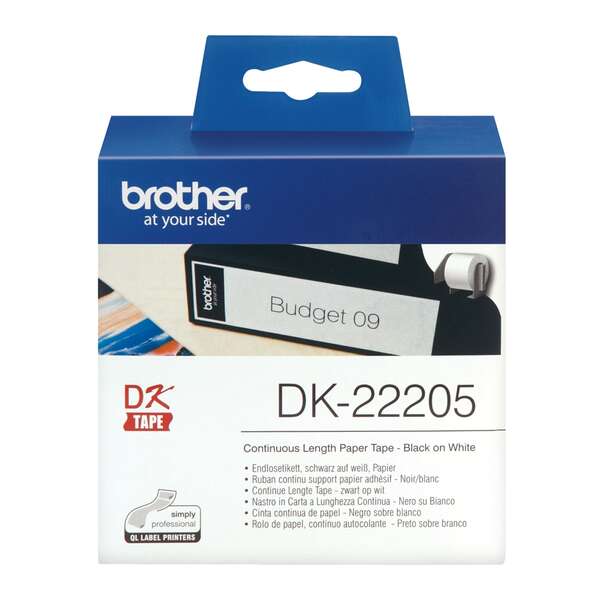 Brother Dk22205 - Etiquetas Originales De Tamaño Personalizado - Ancho 62Mm X 30,48 Metros - Texto Negro Sobre Fondo Blanco