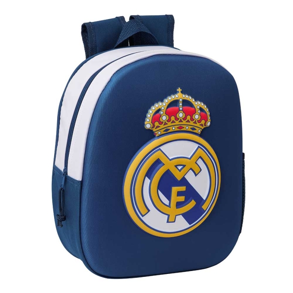 Safta Real Madrid Mochila 3D De 8.64L - Portabotellas - Tarjeta De Identificacion Personal - Hombreras Acolchadas - 27X33X10Cm - Color Blanco Y Azul