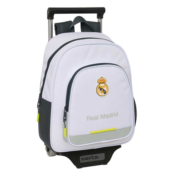 Safta Real Madrid Mochila Con Carro De 10L 705 Integrado - Portabotellas - Extraible Para Limpieza - Carro De Pp, Acero Y Pvc - 28X34X10Cm - Color Blanco Y Negro